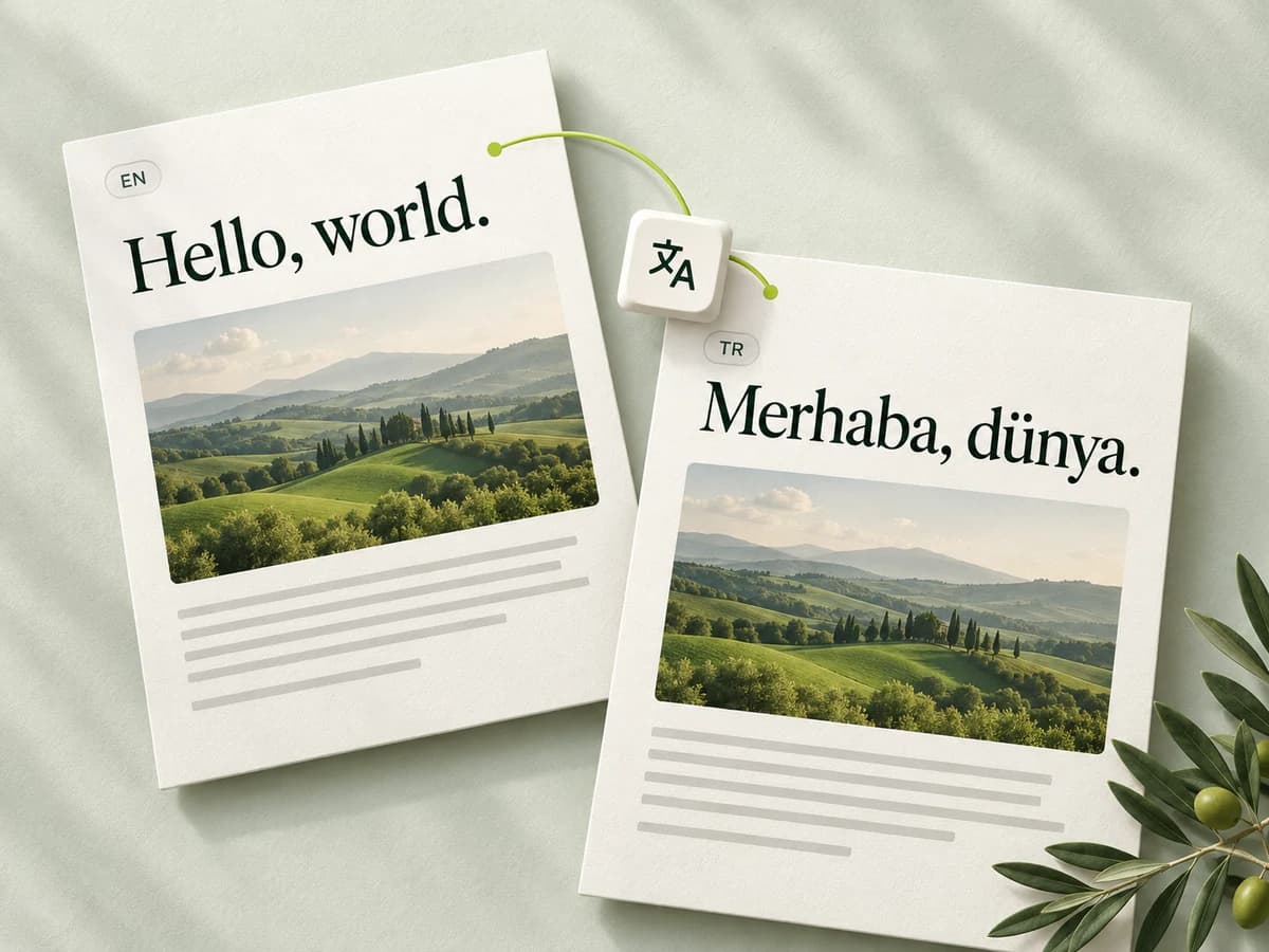 Matching English and Turkish article pages showing Hello, world. and Merhaba, dünya.