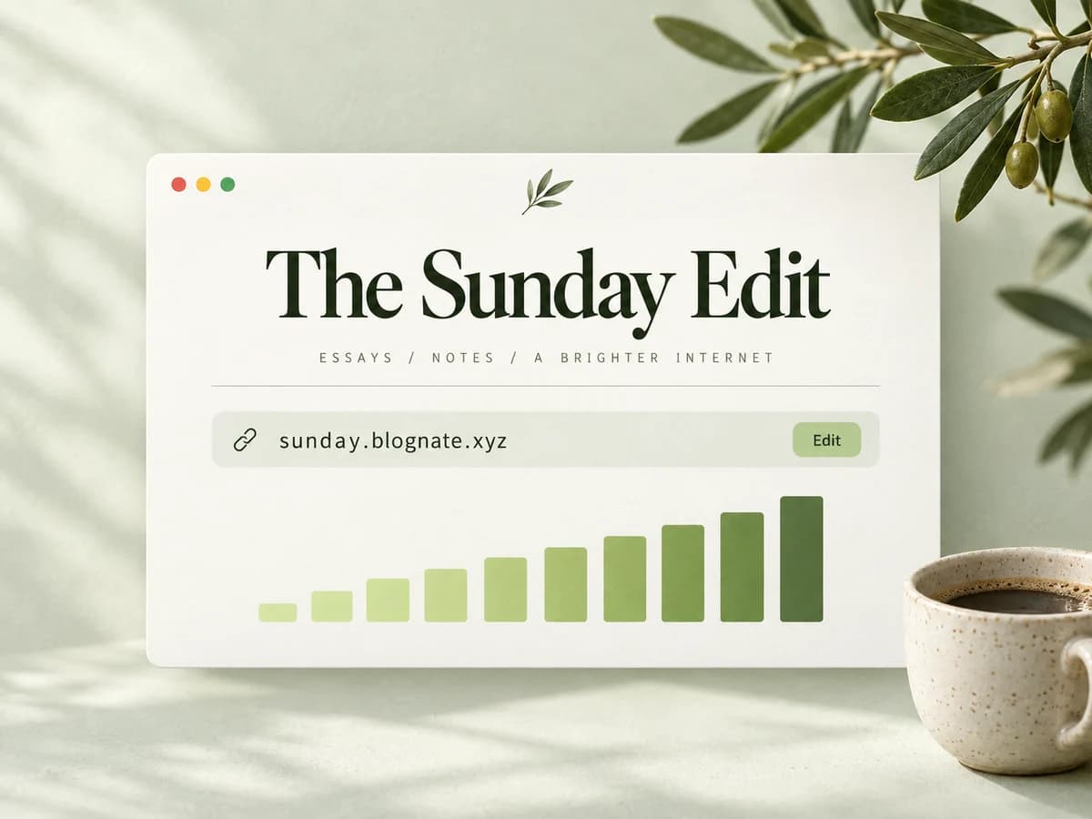 The Sunday Edit blog identity with a custom domain and a simple reader analytics chart.